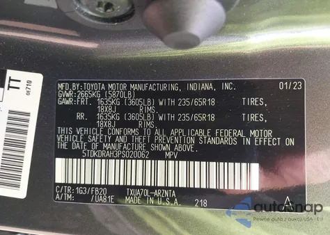 2023 Toyota Highlander Le из США, поврежденный, VIN 5TDKDRAH3PS020062